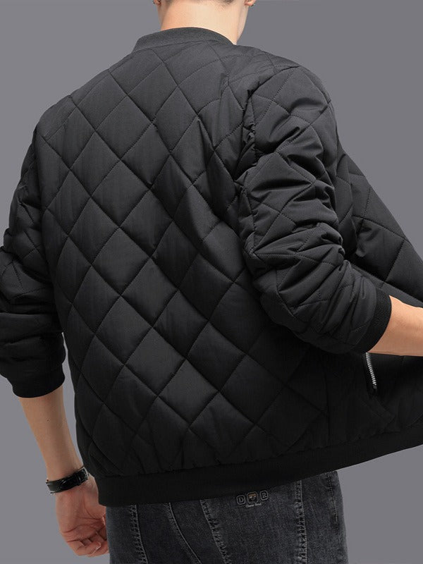 Men’s Quilted Jacket – Fleece Lined – Diamond Stitch – Ribbed Cuffs – Zipper Front