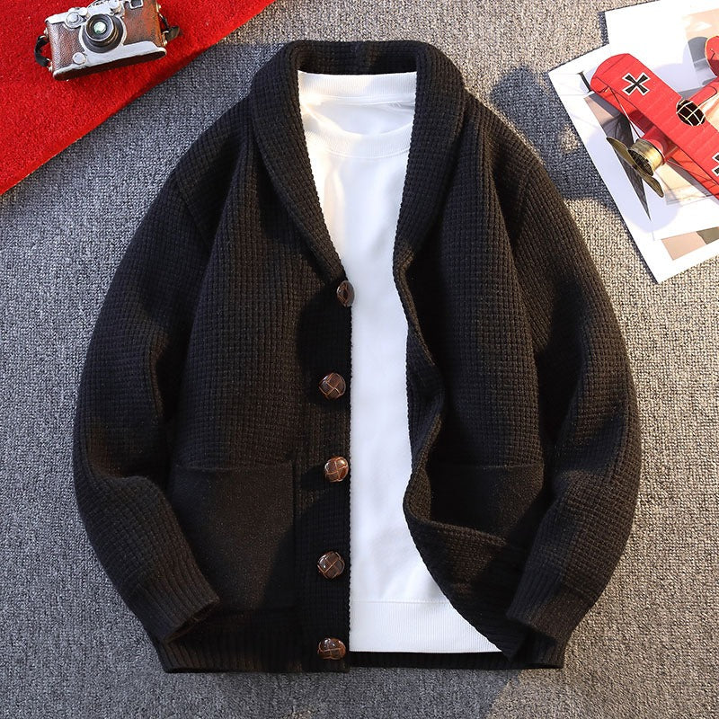 Men’s Cardigan – Relaxed Fit – Waffle Knit – Shawl Collar – Button Front – Patch Pockets
