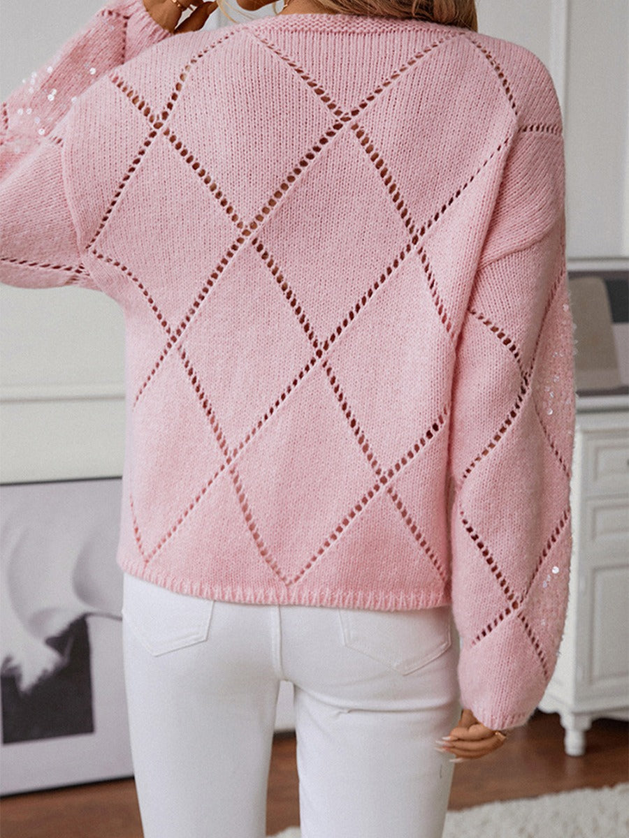 Women’s Knitted Sweatshirt – Relaxed Fit – Sequin Diamond Openwork – Long Sleeve