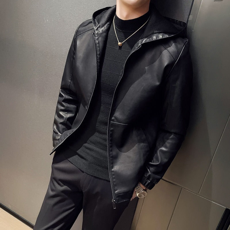 Men’s Hooded Jacket – Slim Fit – Leather-Like Material – Panel Design – Full Zip – Hip Length