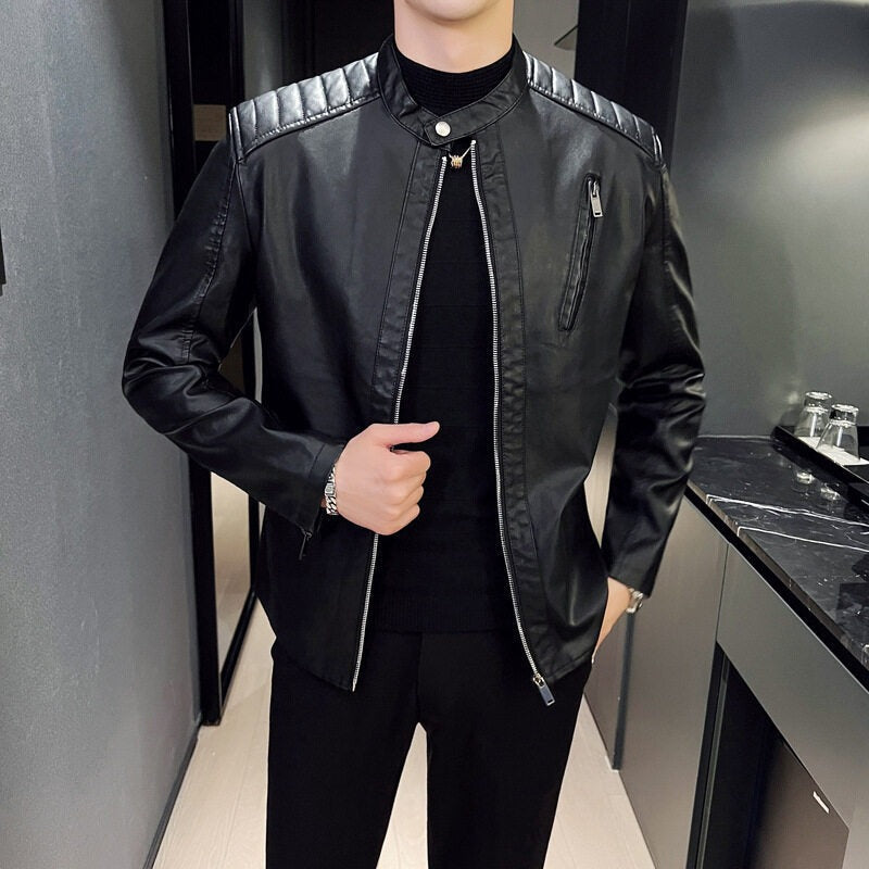 Men’s Motorcycle Jacket – Slim Fit – Stand Collar – Quilted Shoulders – Zipper Pocket
