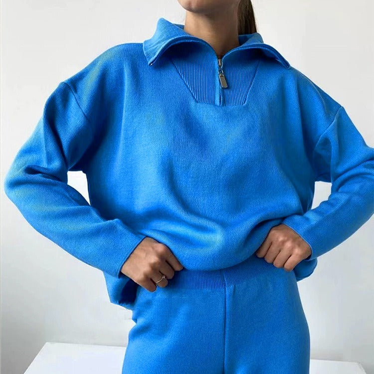 Women’s Two Piece Set – Relaxed Fit – Ribbed Knit – Polo Collar – Quarter-Zip Top