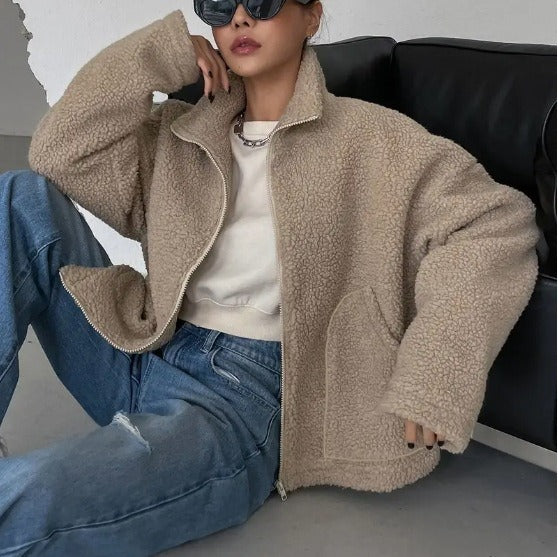 Women’s Jacket – Oversized Sherpa Fleece – Relaxed Fit – Zipper Front – Stand Collar