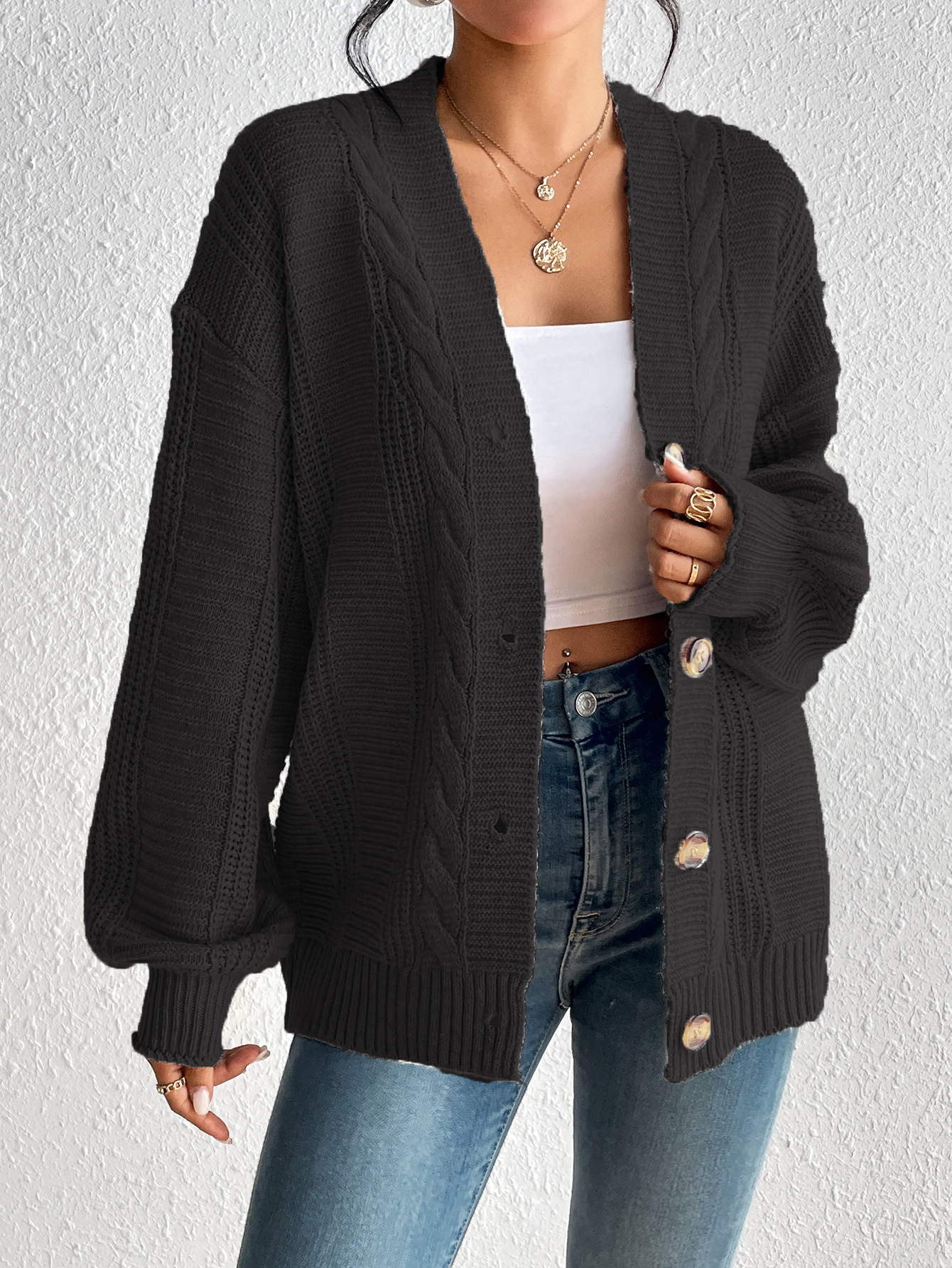 Women’s Cardigan Jacket – Wool Knit – Cable Pattern – Oversized Fit – Button Front