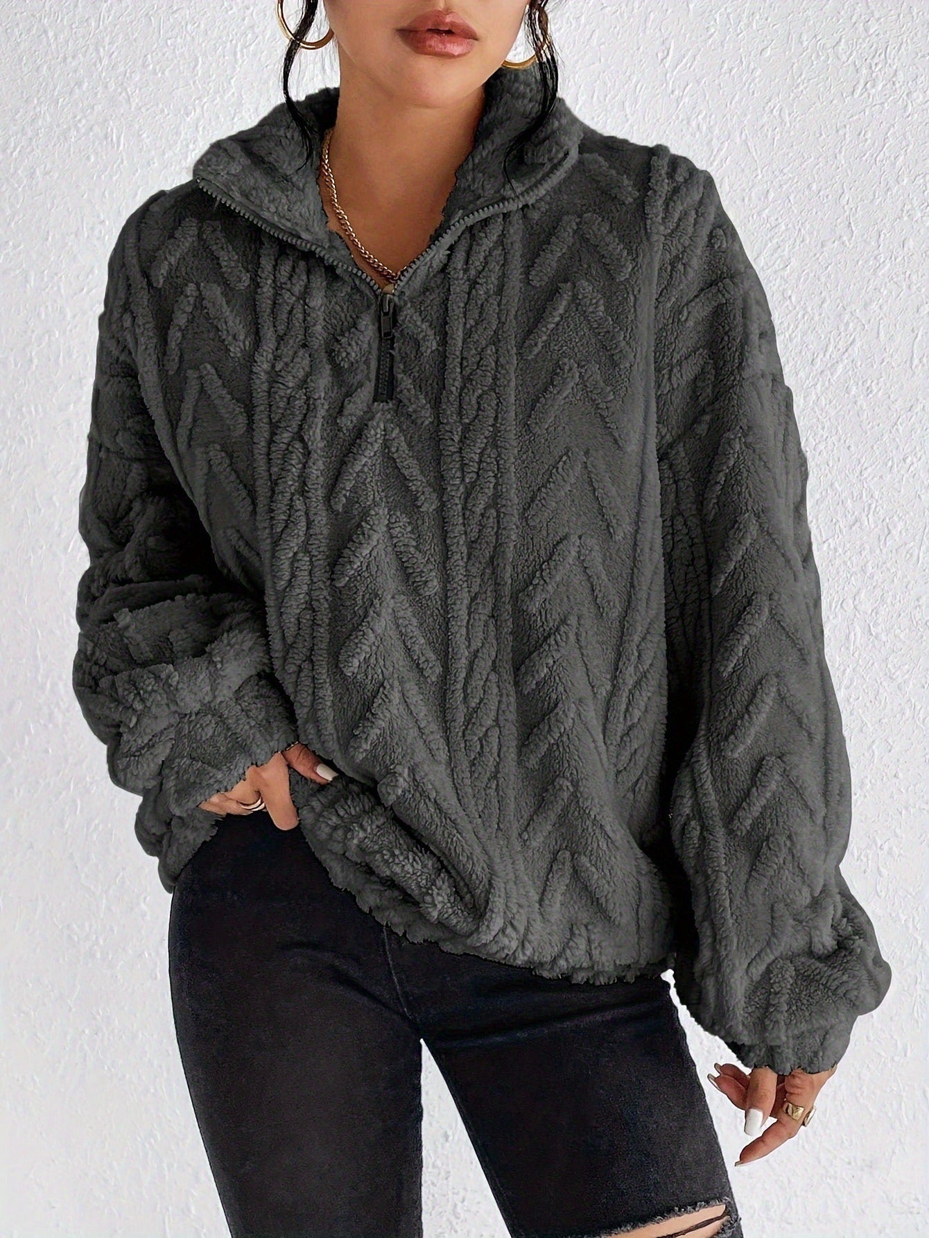 Women’s Sweatshirt – Oversized Relaxed Fit – Plush Chevron Texture – Quarter Zip