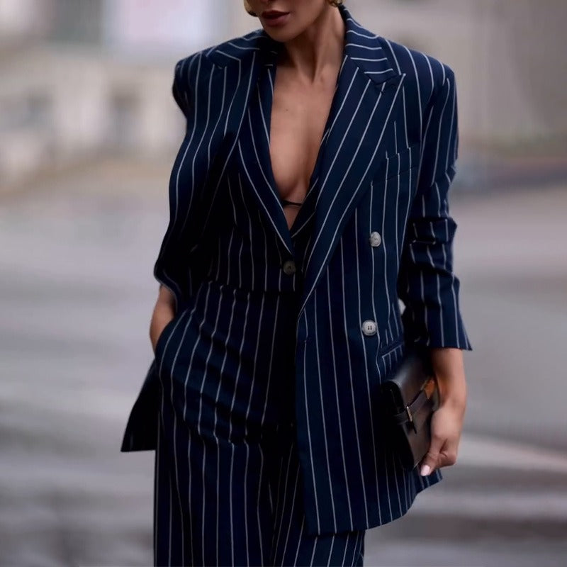 Women’s Two-Piece Suit – Double-Breasted Blazer – Pinstripe – Wide-Leg Flared Trousers