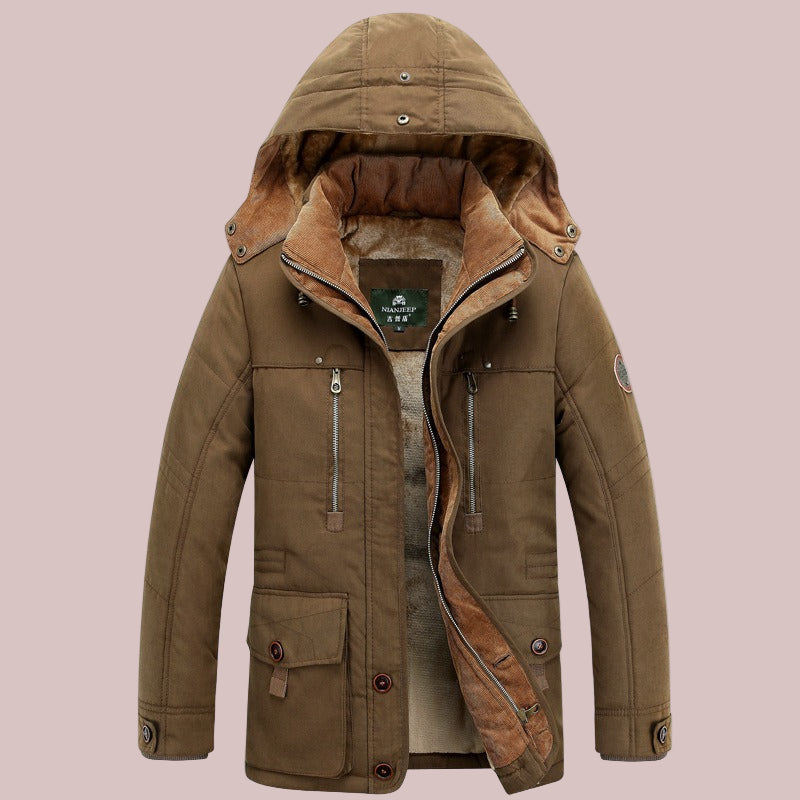 Men’s Mid-Length Padded Jacket – Insulated – Stand-Up Collar – Fixed Hood – Utility Pockets
