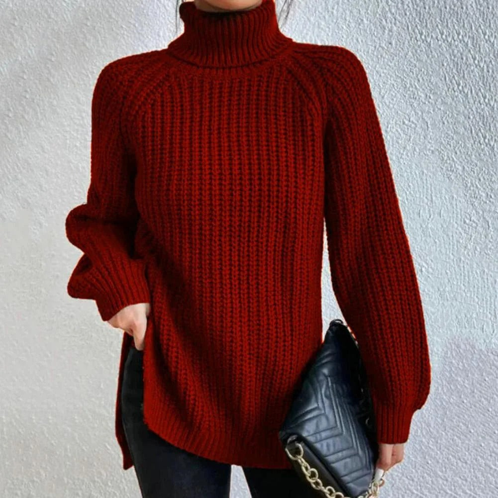 Women’s Pullover Sweater – Oversized Longline Fit – Chunky Knit – Turtleneck Ribbed