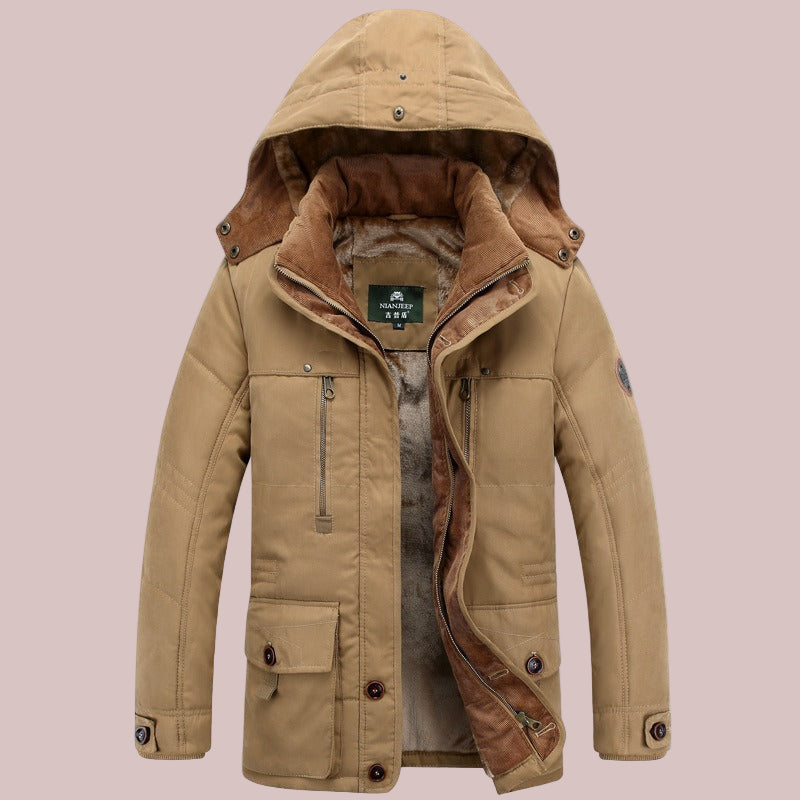 Men’s Mid-Length Padded Jacket – Insulated – Stand-Up Collar – Fixed Hood – Utility Pockets