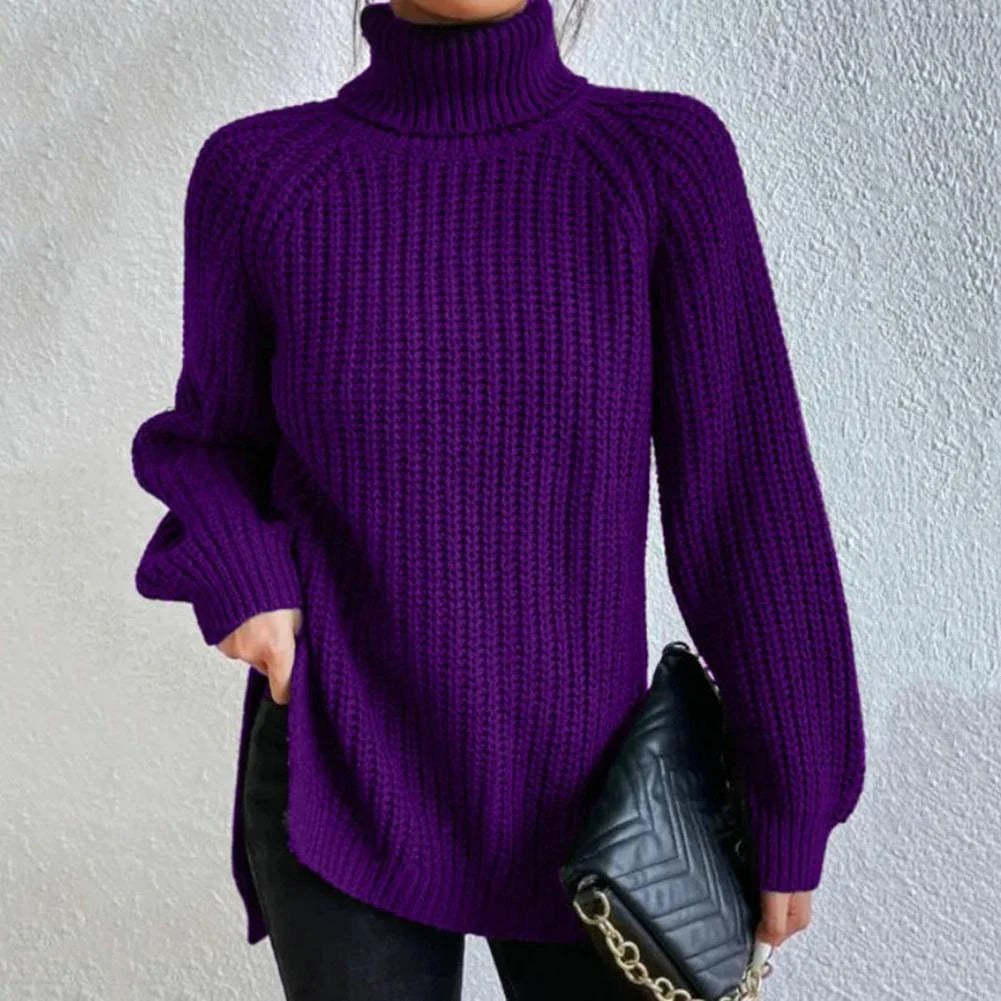 Women’s Pullover Sweater – Oversized Longline Fit – Chunky Knit – Turtleneck Ribbed