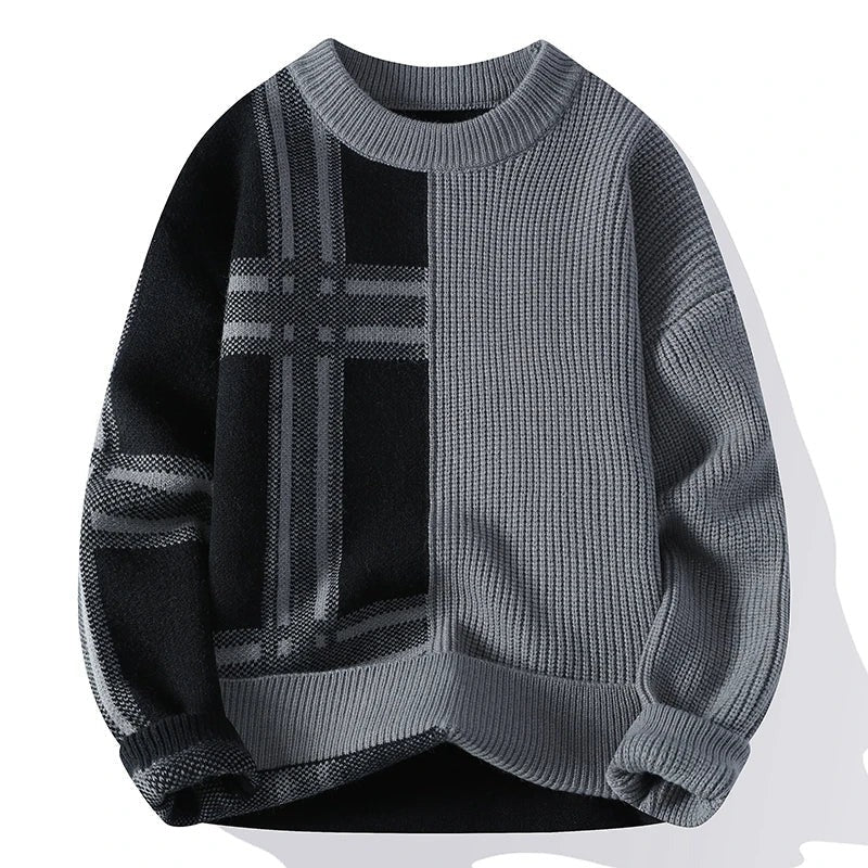 Men’s Crew Neck Sweater– Relaxed Fit – Textured Knit – Patchwork – Full Sleeve