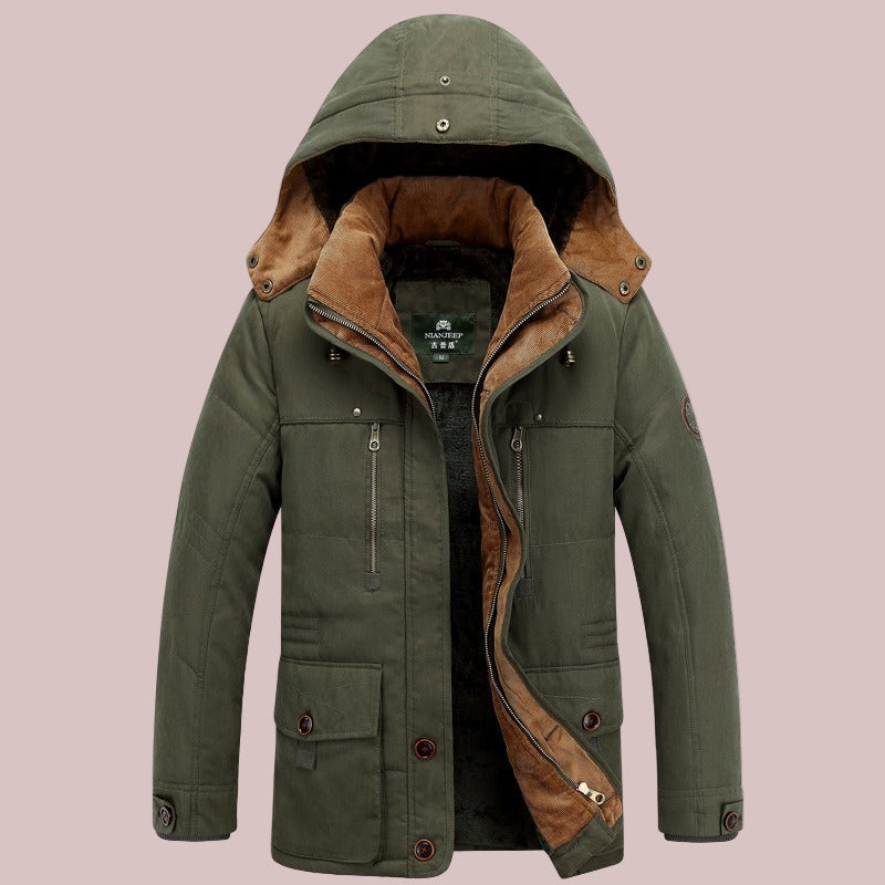 Men’s Mid-Length Padded Jacket – Insulated – Stand-Up Collar – Fixed Hood – Utility Pockets