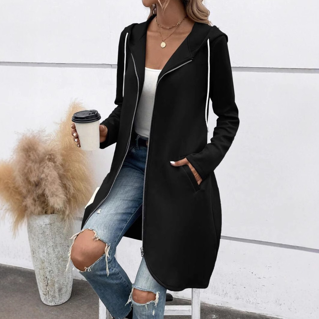 Women’s Long Hoodie Sweatshirt – Fleece Lined – Relaxed Fit – Zip Front – Casual Layer