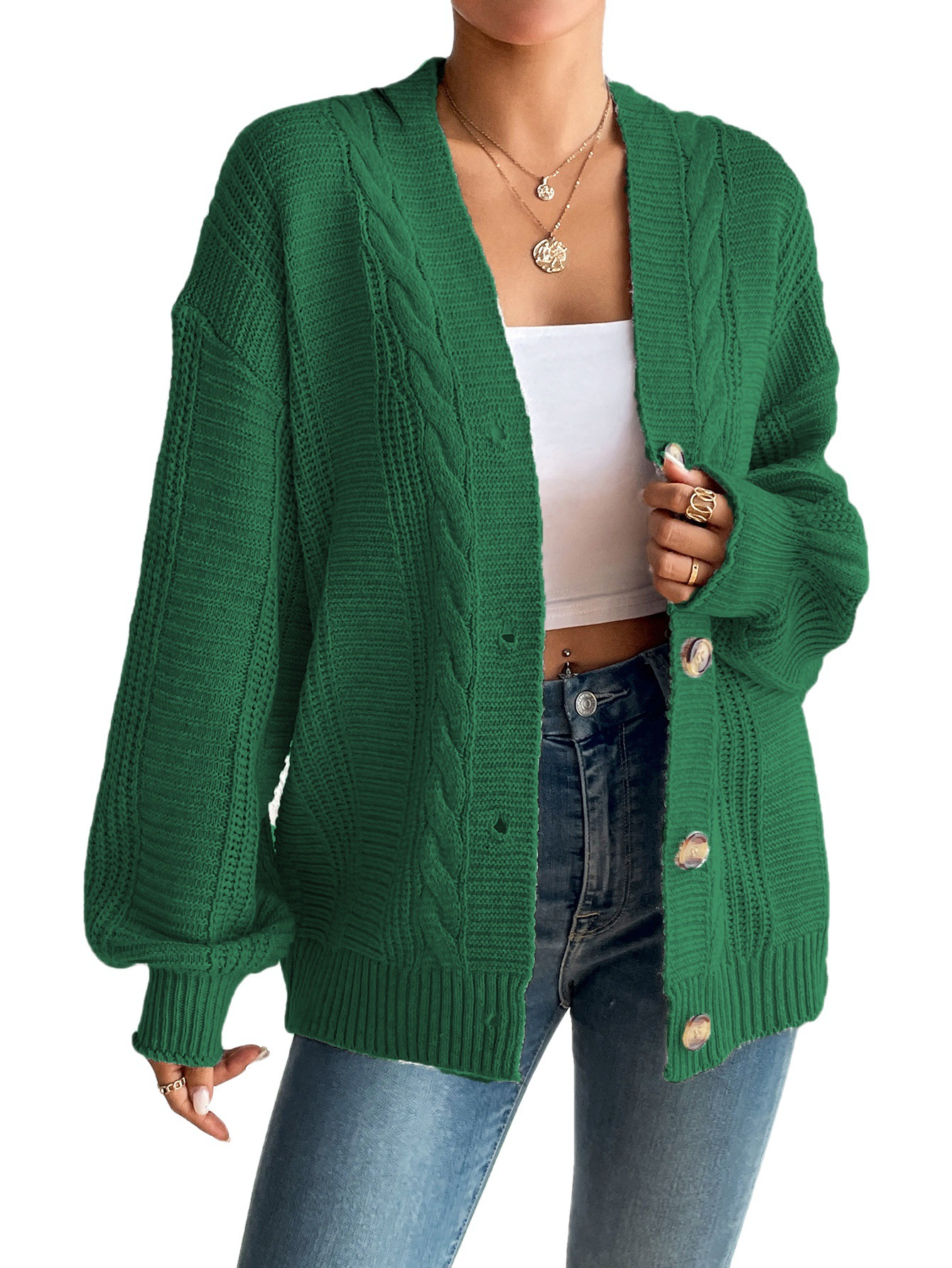 Women’s Cardigan Jacket – Wool Knit – Cable Pattern – Oversized Fit – Button Front