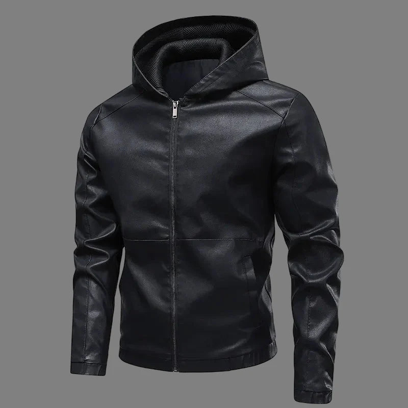 Men’s Hooded Jacket – Slim Fit – Leather-Like Material – Panel Design – Full Zip – Hip Length