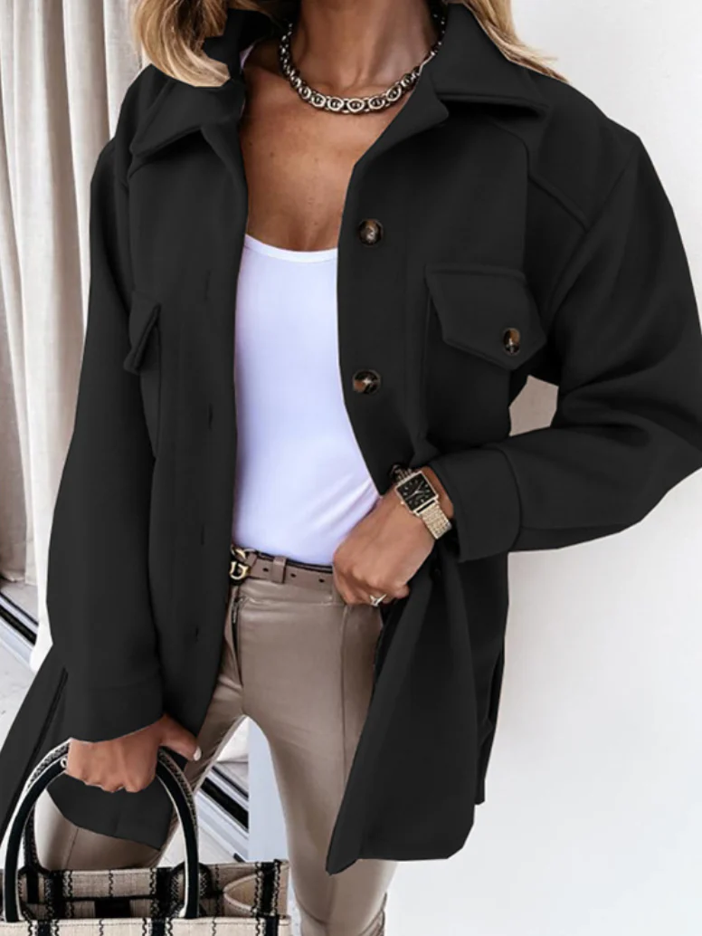 Women’s Shacket Jacket – Oversized Relaxed Fit – Longline Wool Blend – Chest Pockets