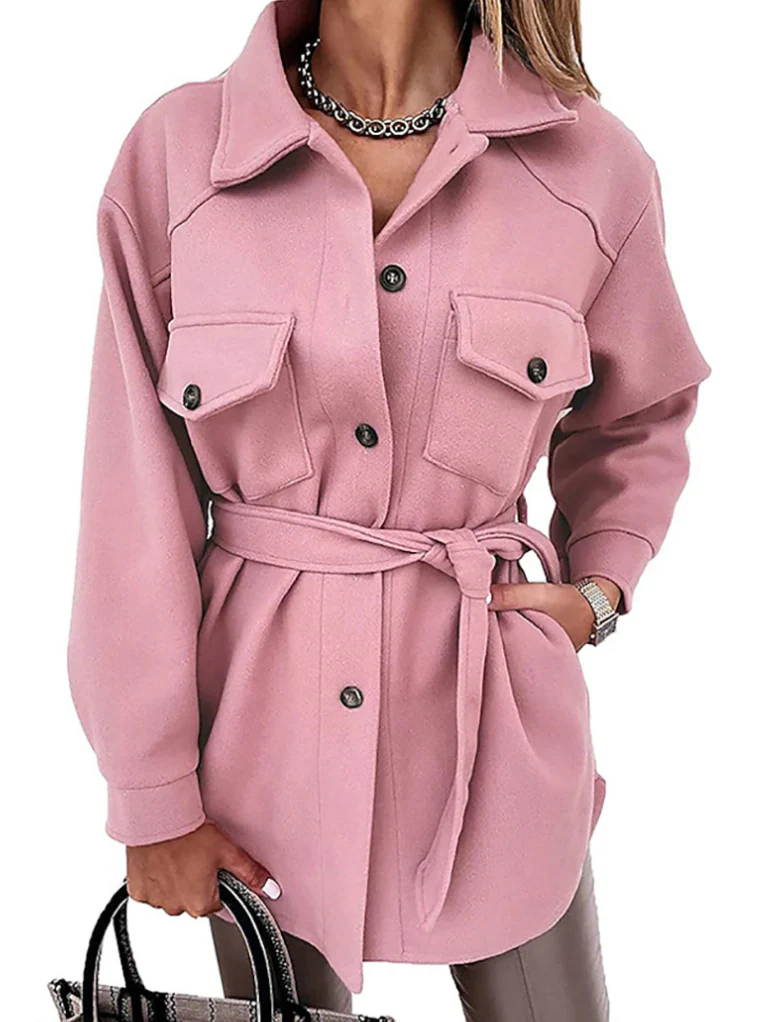 Women’s Shacket Jacket – Oversized Relaxed Fit – Longline Wool Blend – Chest Pockets