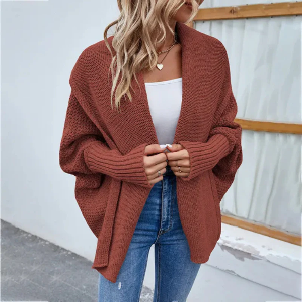 Women’s Knit Cardigan – Oversized Fit – Chunky Texture – Open Front – Ribbed Trim