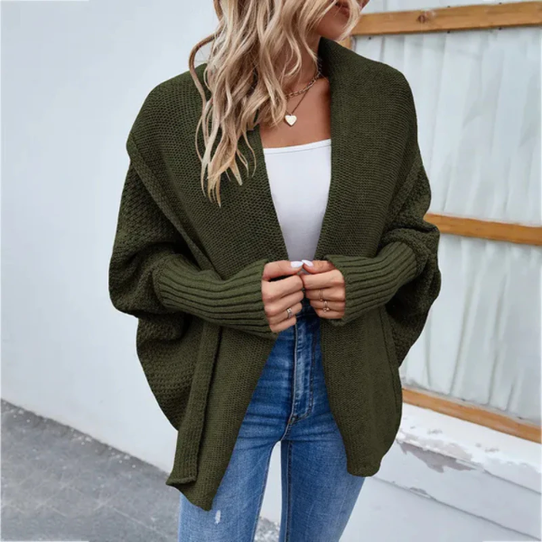 Women’s Knit Cardigan – Oversized Fit – Chunky Texture – Open Front – Ribbed Trim