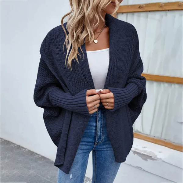 Women’s Knit Cardigan – Oversized Fit – Chunky Texture – Open Front – Ribbed Trim