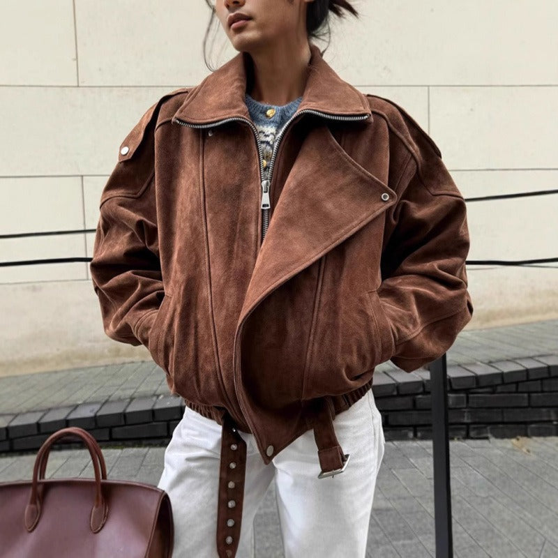 Women’s Bomber Jacket – Oversized Fit – Suede-Like Texture – Asymmetrical Zipper – Strap Details