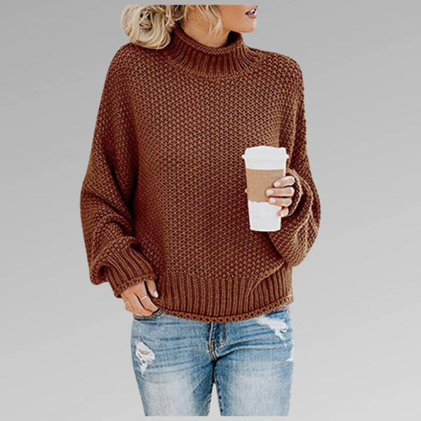 Women’s Pullover Sweater – Relaxed Fit – Chunky Wool Knit – High Neck Ribbed Collar