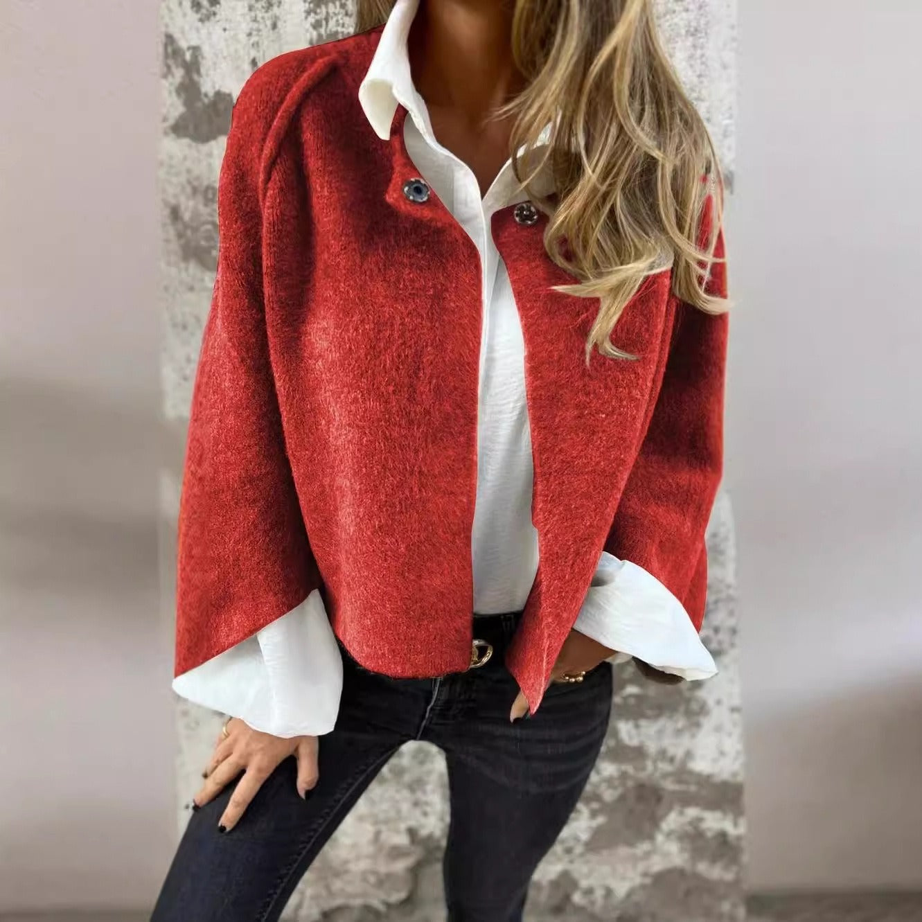 Women’s Short Coat – Oversized Fit – Soft Knit – Collarless Open Front – Long Sleeve