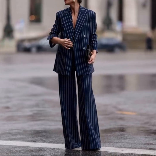 Women’s Two-Piece Suit – Double-Breasted Blazer – Pinstripe – Wide-Leg Flared Trousers
