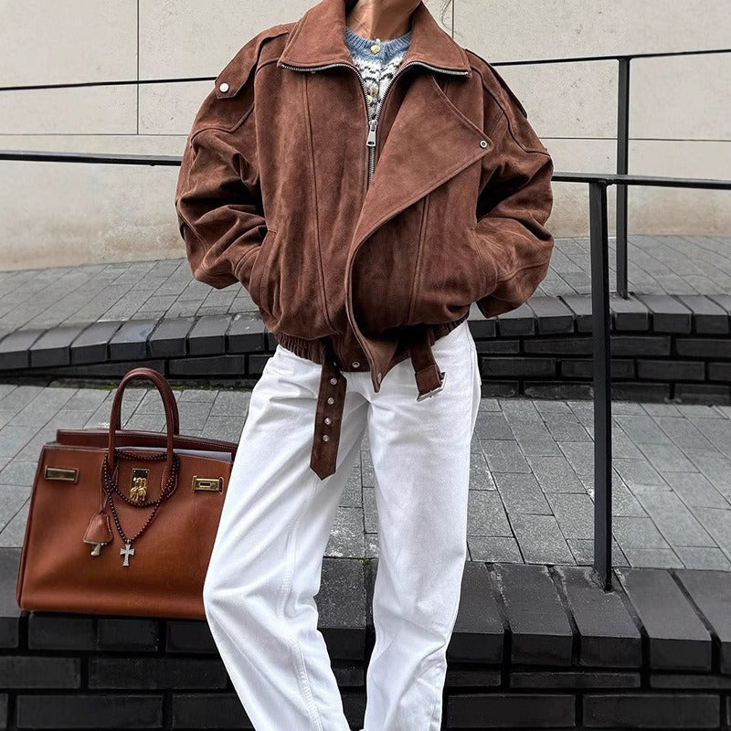 Women’s Bomber Jacket – Oversized Fit – Suede-Like Texture – Asymmetrical Zipper – Strap Details