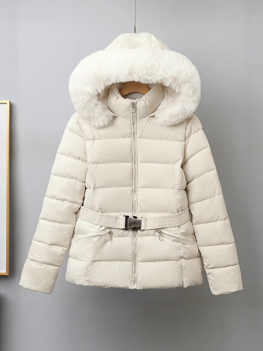 Women’s Puffer Coat – Quilted Insulated – Belted Waist – Removable Fur Hood
