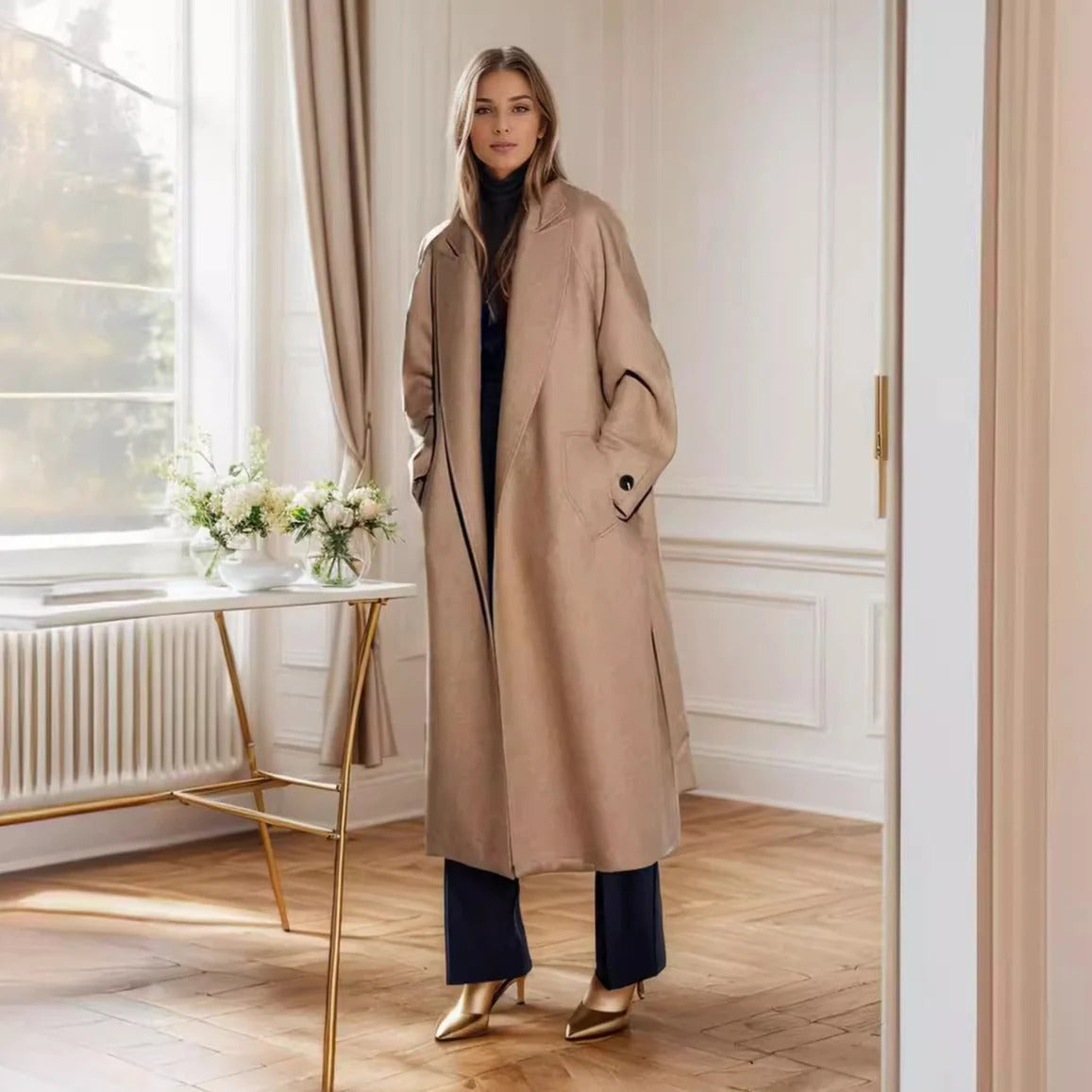 Women’s Trench Coat – Wool – Relaxed Fit – Notched Lapel – Belted – Mid-Calf Length