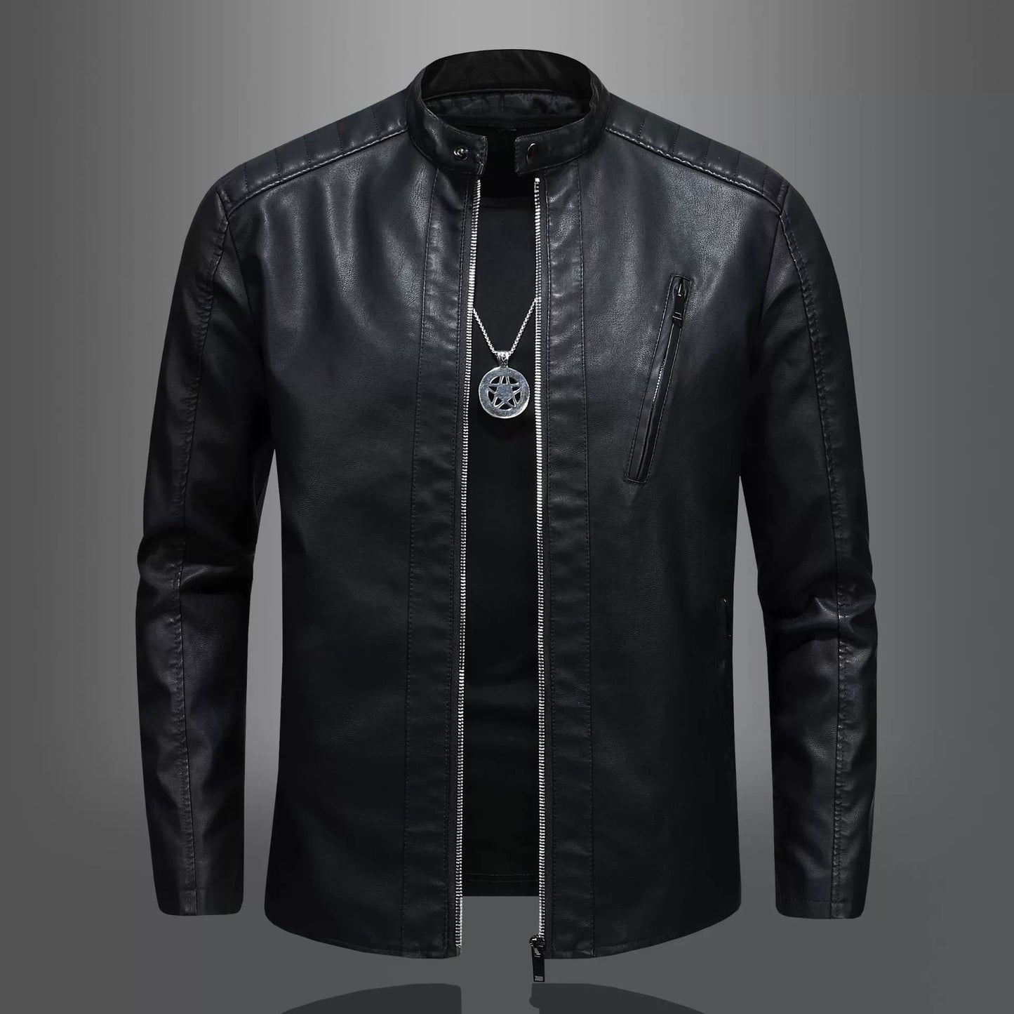 Men’s Motorcycle Jacket – Slim Fit – Stand Collar – Quilted Shoulders – Zipper Pocket