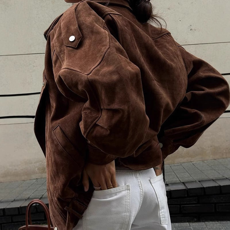 Women’s Bomber Jacket – Oversized Fit – Suede-Like Texture – Asymmetrical Zipper – Strap Details