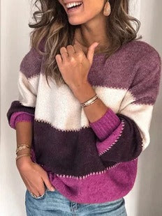 Women’s Pullover Sweater – Relaxed Fit – Wool Knit – Long Sleeve – Striped Pattern