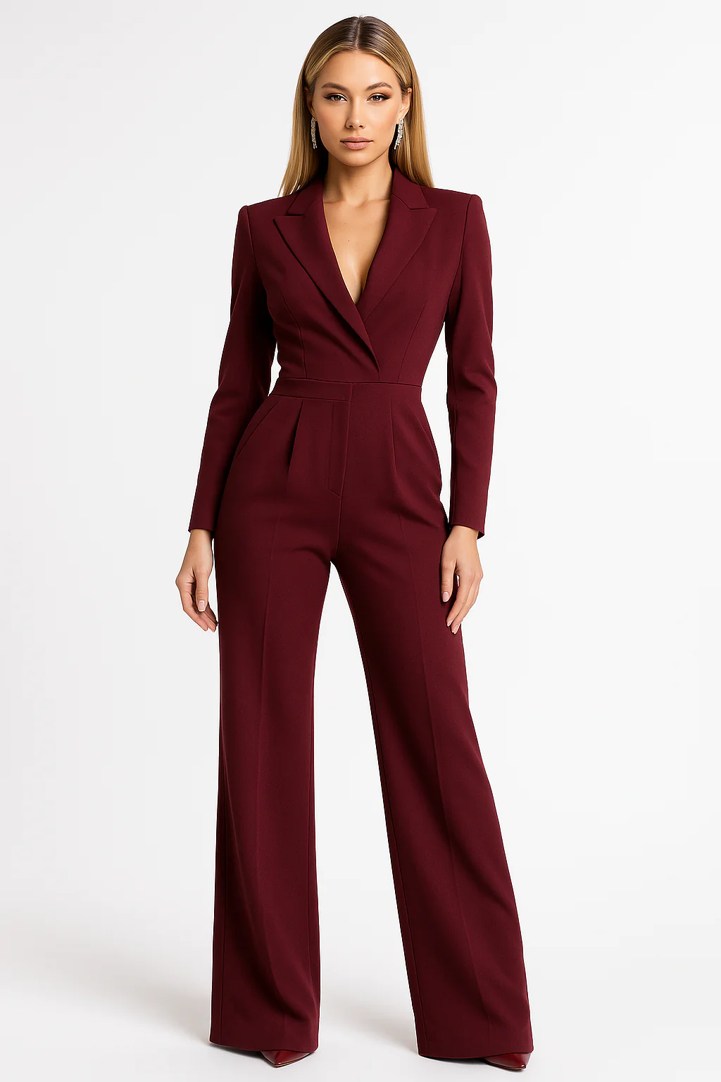 Women’s Jumpsuit – Structured Fit – V-Neck – Long Sleeve – Wide-Leg Crepe Style