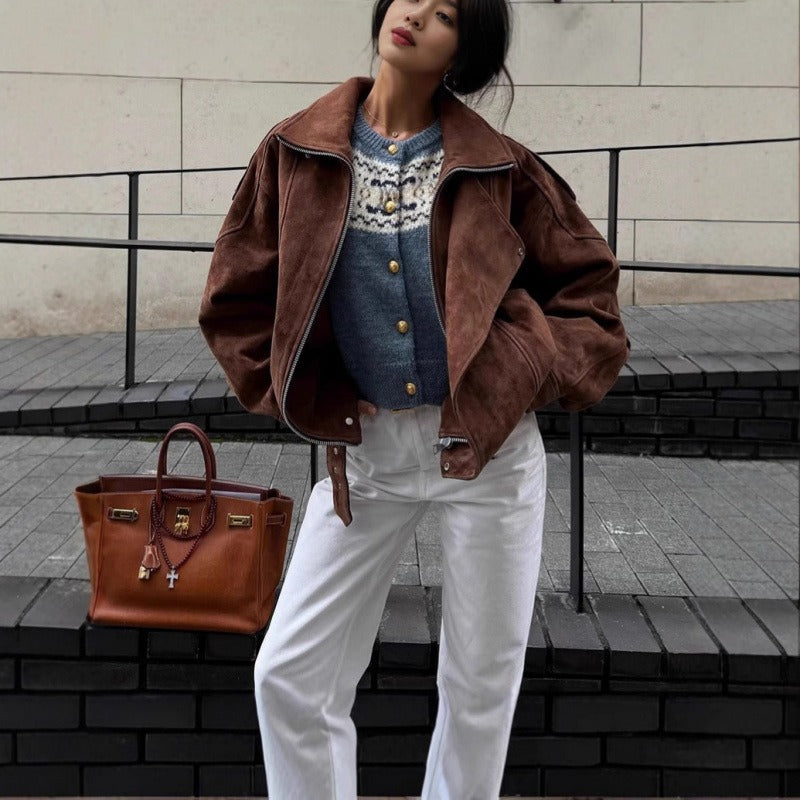 Women’s Bomber Jacket – Oversized Fit – Suede-Like Texture – Asymmetrical Zipper – Strap Details