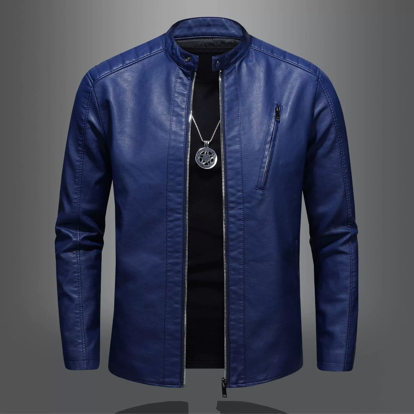 Men’s Motorcycle Jacket – Slim Fit – Stand Collar – Quilted Shoulders – Zipper Pocket