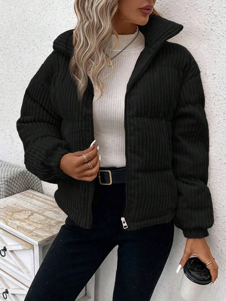 Women’s Jacket – Corduroy Ribbed Texture – Padded – Relaxed Fit – Zipper Front – High Collar