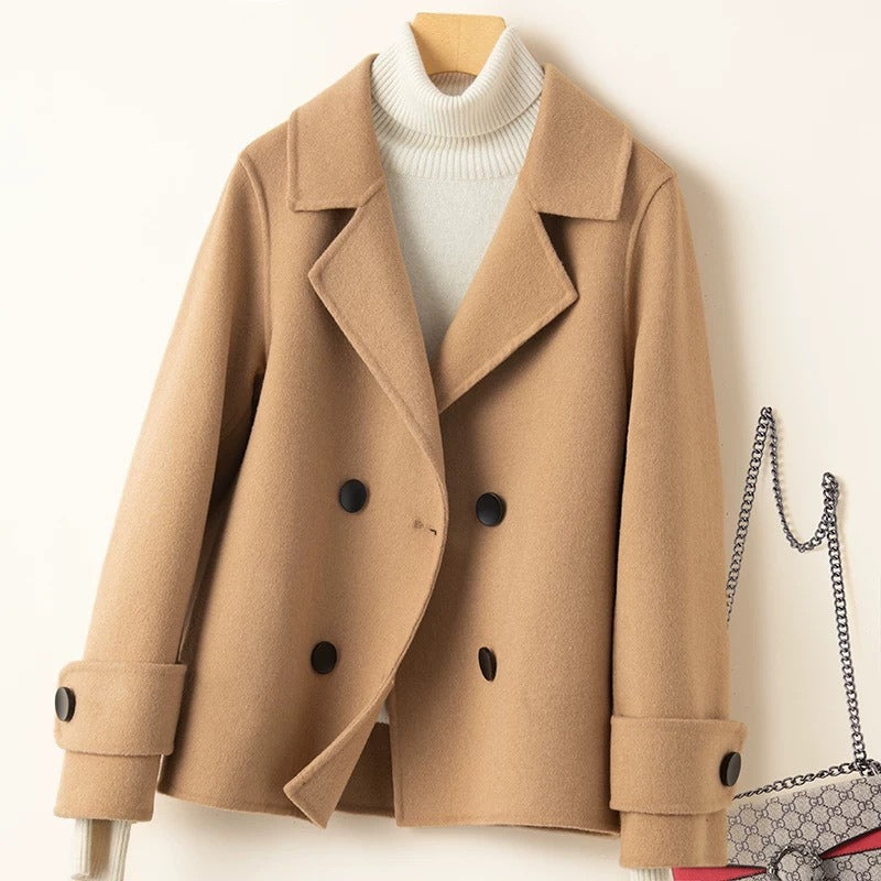 Women’s Short Coat – Wool Blend – Tailored Fit – Double-Breasted – Notched Lapel