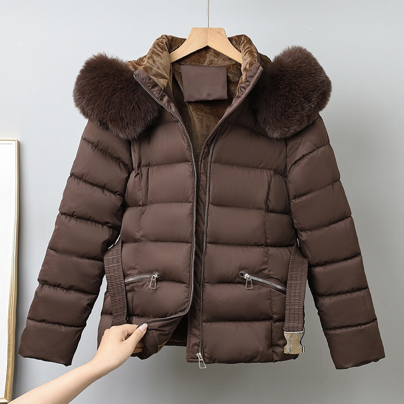 Women’s Puffer Coat – Quilted Insulated – Belted Waist – Removable Fur Hood