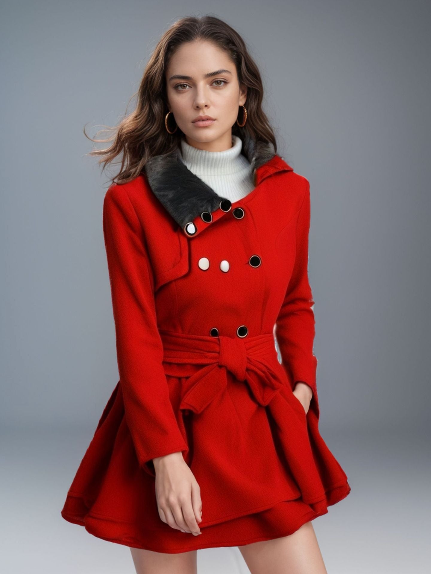 Women’s Wool-Blend Winter Coat – Slim Fit – Belted – Faux Fur Collar – Flared Silhouette