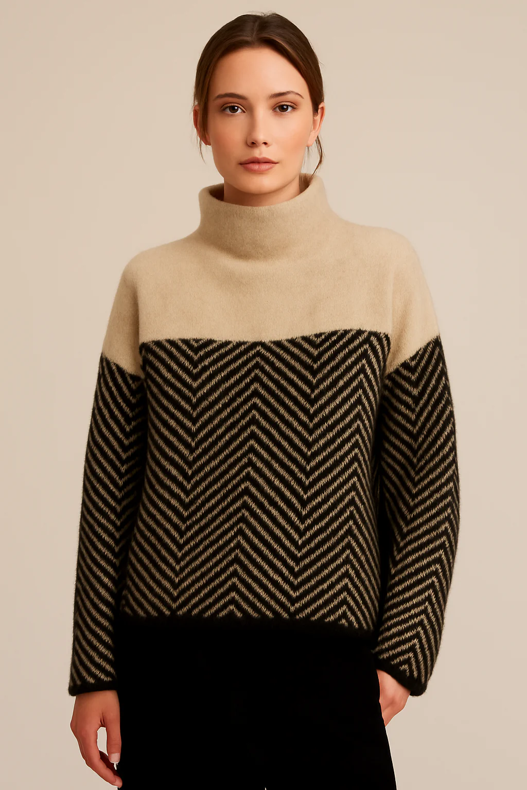Women’s Turtleneck Sweatshirt – Wool – Relaxed Fit – Chevron Knit – Long Sleeve – Hip Length