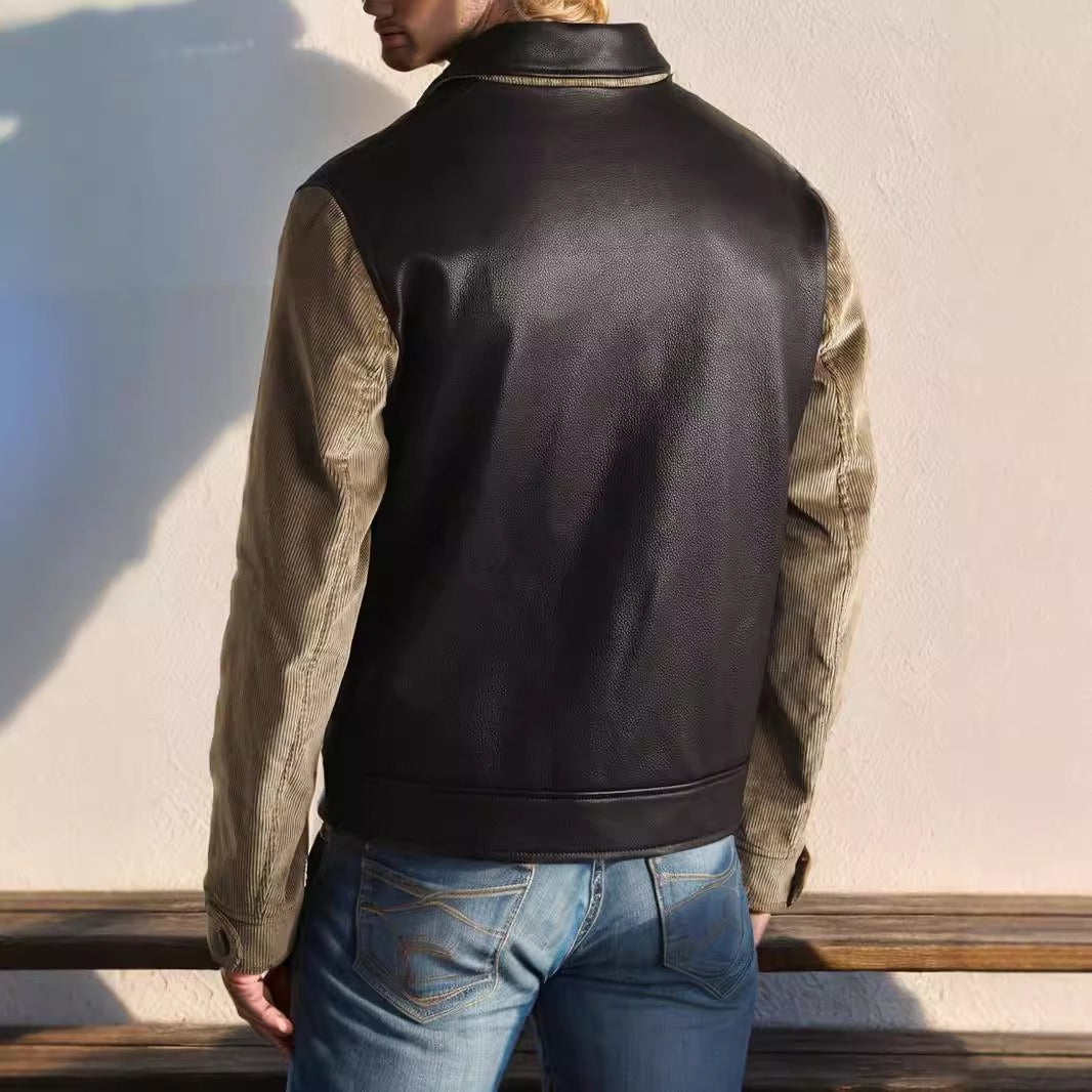 Men’s Leather Jacket – Relaxed Fit – Hybrid Design – Contrasting Sleeves – Full Zip