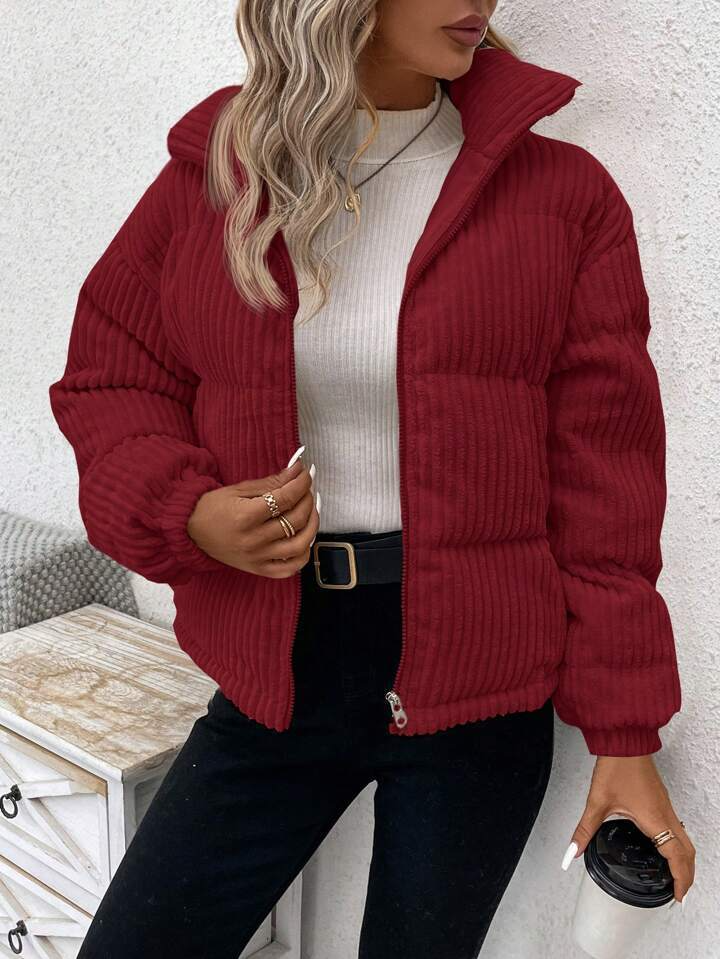 Women’s Jacket – Corduroy Ribbed Texture – Padded – Relaxed Fit – Zipper Front – High Collar