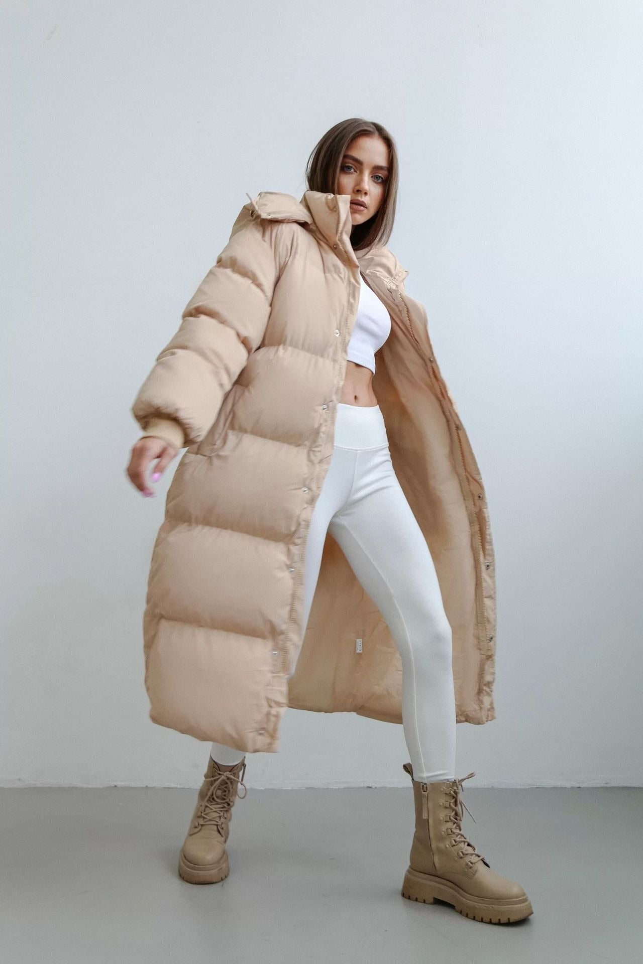 Women’s Puffer Trench Coat – Oversized Fit – Quilted Insulated – Hooded High Collar – Full Zip