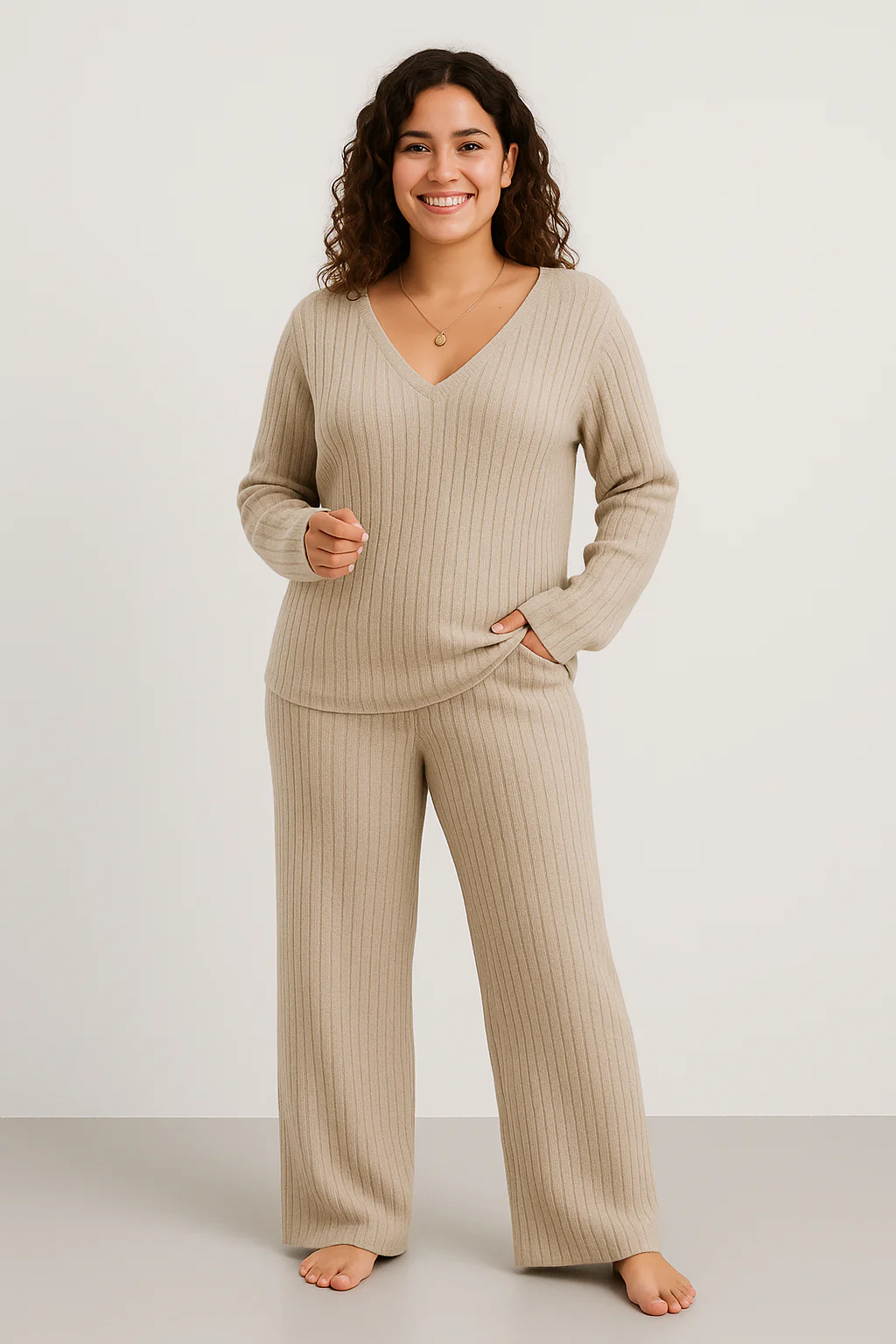 Women’s Lounge Set – Ribbed Knit – Relaxed Fit – V-Neck Top – Wide-Leg Pants