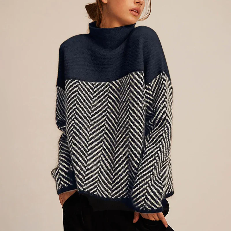 Women’s Turtleneck Sweatshirt – Wool – Relaxed Fit – Chevron Knit – Long Sleeve – Hip Length