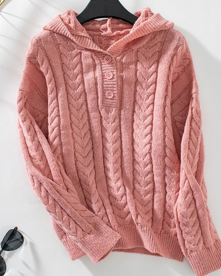 Women’s Knitted Top – Relaxed Fit – Cable Knit – Henley Placket – Long Sleeve
