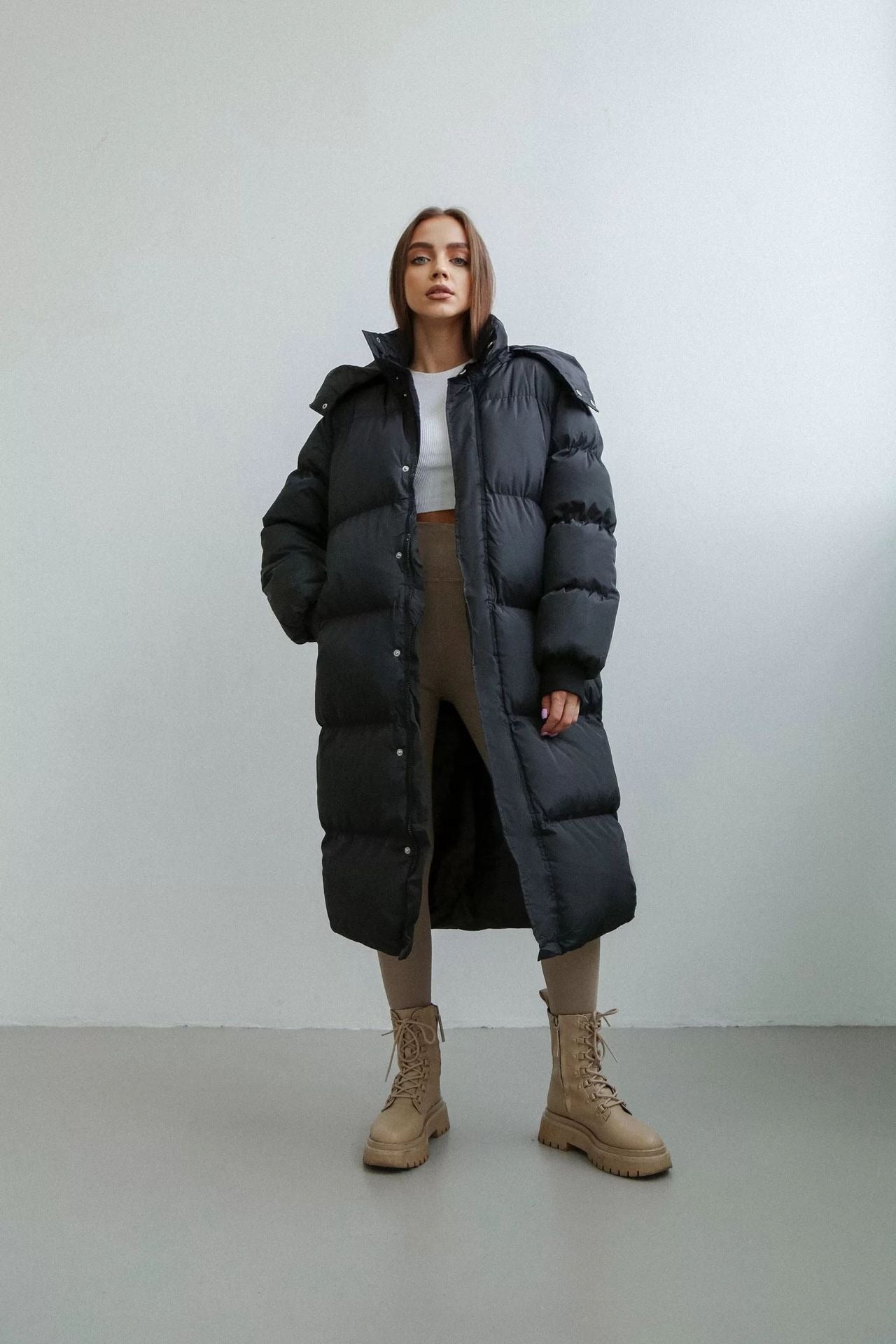 Women’s Puffer Trench Coat – Oversized Fit – Quilted Insulated – Hooded High Collar – Full Zip