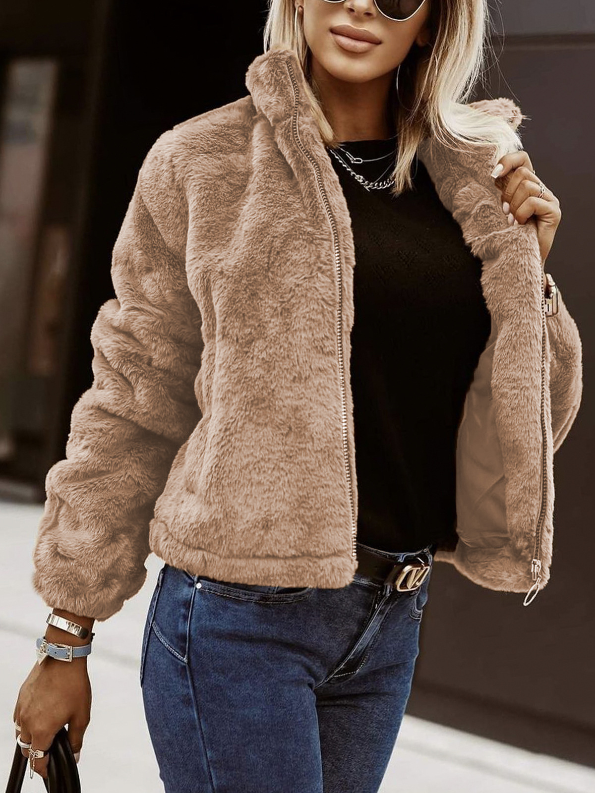 Women’s Fleece Jacket – Faux Leather – Plush Texture – Zipper Front – High Collar – Relaxed Fit